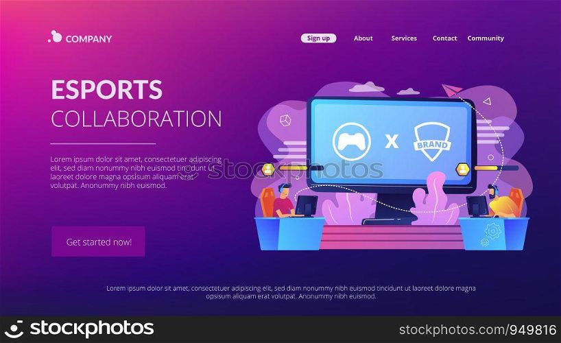 Cybersports competition. Branded game players playing. eSports collaboration esports partnership, esports and global brands cooperation concept. Website homepage landing web page template.. eSports collaboration concept landing page