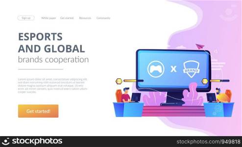 Cybersports competition. Branded game players playing. eSports collaboration esports partnership, esports and global brands cooperation concept. Website homepage landing web page template.. eSports collaboration concept landing page