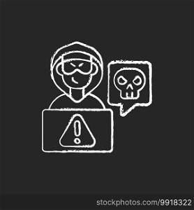 Cyberstalking chalk white icon on black background. Stalking online from anonymous person. Online hate. Internet hate comments from troll, harasser. Isolated vector chalkboard illustration. Cyberstalking chalk white icon on black background