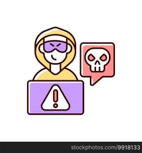 Cyberstalking RGB color icon. Stalking online from anonymous person. Online hate. Internet hate comments from troll, harasser. Cyberbullying, cyberharassment. Isolated vector illustration. Cyberstalking RGB color icon