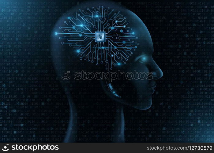 Cyborg face model. Technological brain. Computer processor and circuit board. Artificial Intelligence. Binary code background. Neural networks. Data visualization design. Vector illustration. Cyborg face model. Technological brain. Computer processor and circuit board. Artificial Intelligence. Binary code background. Neural networks. Data visualization design. Vector