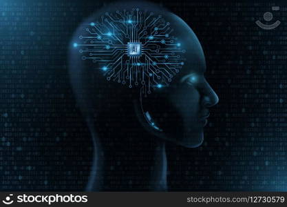 Cyborg face model. Technological brain. Computer processor and circuit board. Artificial Intelligence. Binary code background. Neural networks. Data visualization design. Vector illustration. Cyborg face model. Technological brain. Computer processor and circuit board. Artificial Intelligence. Binary code background. Neural networks. Data visualization design. Vector