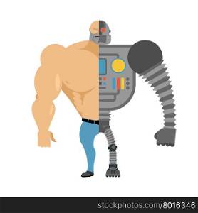 Cyborg. Half human half robot. Man with big muscles and iron limbs. Cyber-man of future.