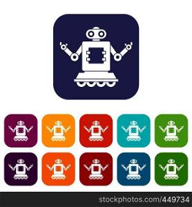 Cyborg on wheels icons set vector illustration in flat style In colors red, blue, green and other. Cyborg on wheels icons set flat