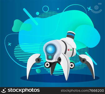 Cyborg with doglike structure of body and panel face with lights and sensors. Artificial intelligence of robotic creature, presentation of new model of machine. Innovative toy or workforce vector. Futuristic Robot with Bulbs and Lights Vector