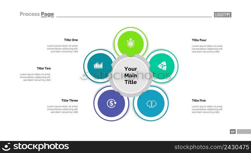 Cycle chart with five elements. Process diagram, graph, layout. Creative concept for infographics, presentation, project, report. Can be used for topics like business, startup, analysis