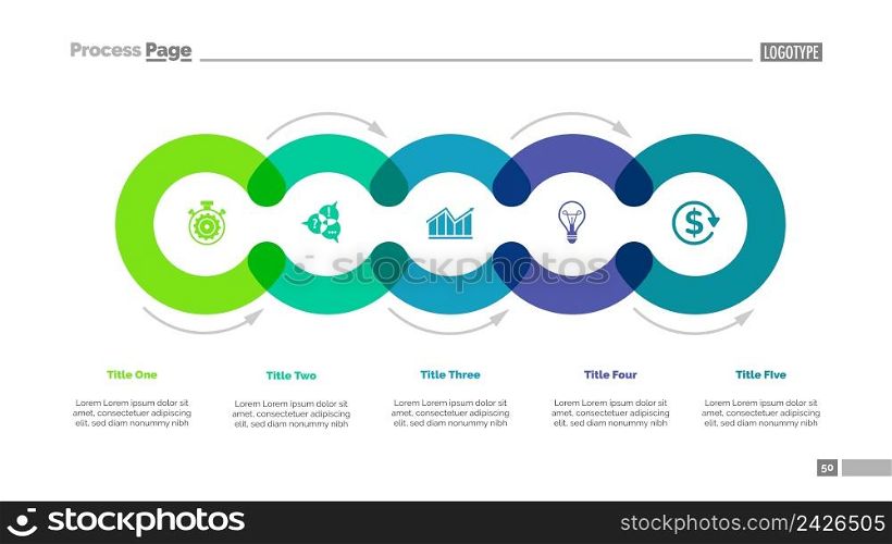 Cycle diagram with five elements. Circular infographics, process chart, layout. Creative concept for presentation, project, report. Can be used for topics like business, strategy, startup.