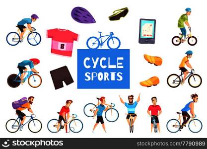 Cycle racing sports participants and apparel isolated on white background cartoon vector illustration. Cycle Racing Set