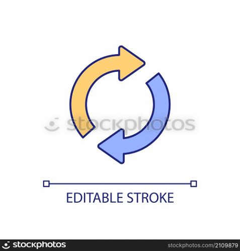 Cycle RGB color icon. Recurring action. Circulation process. Rotating arrows. Recycle and reload. Isolated vector illustration. Simple filled line drawing. Editable stroke. Arial font used. Cycle RGB color icon