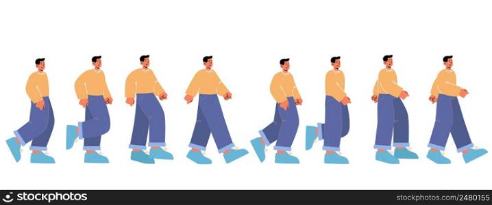 Cycle sequence of man walk. Vector flat illustration of male character steps in different postures. Animation sprite sheet of walking person, man gait in side view. Cycle sequence of man walk