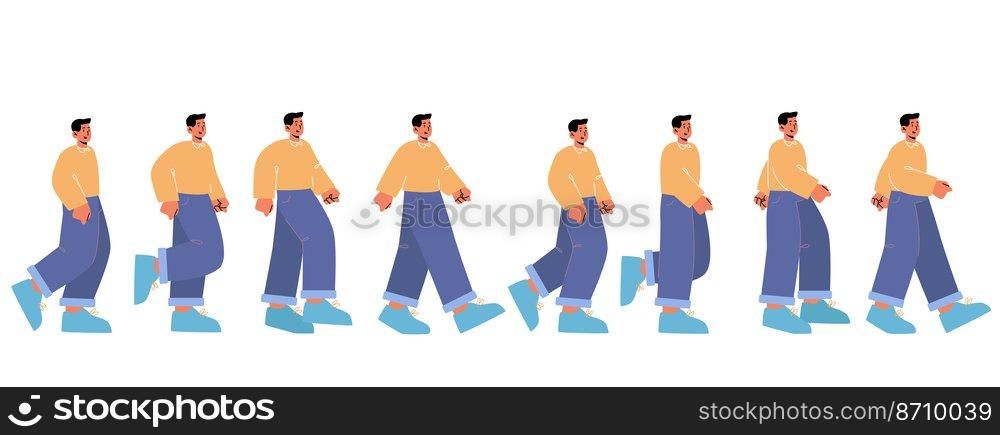 Cycle sequence of man walk. Vector flat illustration of male character steps in different postures. Animation sprite sheet of walking person, man gait in side view. Cycle sequence of man walk