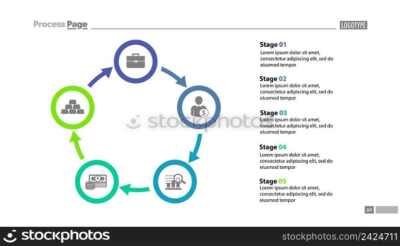 Cycled process chart slide template with descriptions. Strategy, plan, diagram. Concept for presentation, templates, annual report. Can be used for topics like business, marketing, finance