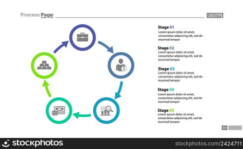 Cycled process chart slide template with descriptions. Strategy, plan, diagram. Concept for presentation, templates, annual report. Can be used for topics like business, marketing, finance