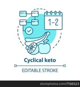 Cyclical keto concept icon. Ketogenic diet idea thin line illustration. Healthy nutrition, balanced food. Healthcare, lifestyle. High fat, low carb. Vector isolated outline drawing. Editable stroke