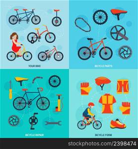 Cycling and repairing your bike on city road 4 flat icons composition banner abstract isolated vector illustration. Cycling 4 flat icons square banner