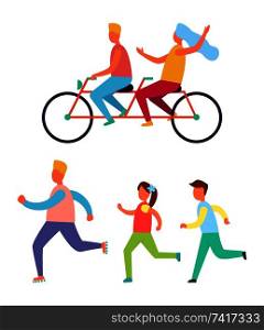 Cycling couple and jogging family father with children. Man and woman riding bike double pushbike for two person. Hobby and active lifestyle vector. Cycling Couple Jogging Family Vector Illustration