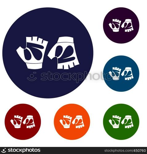 Cycling gloves icons set in flat circle reb, blue and green color for web. Cycling gloves icons set