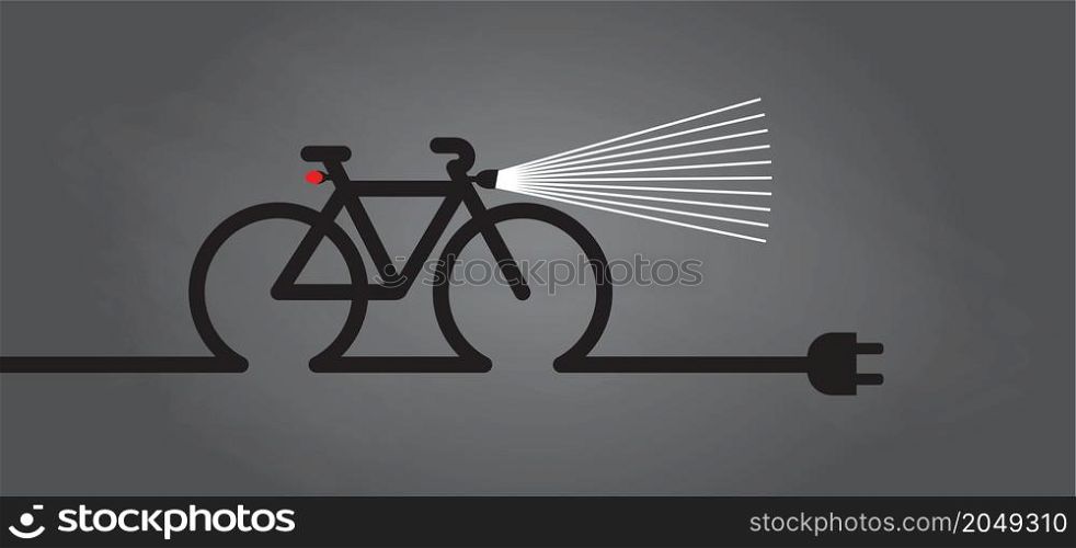 Cycling in the dark, with bicycle lights. World Bicycle day. Eco electric bicycle, e-bike charge sign. Electric plug, bike battery charger. Bikes on a bicycle parking, power station charging point symbol. Flat vector ebike signs.