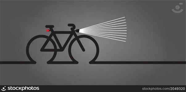 Cycling in the dark, with bicycle lights. World Bicycle day. Sport cyclist banner, walppaper or card. Funny vector bike signs. Sports symbol. Clipart cartoon logo.