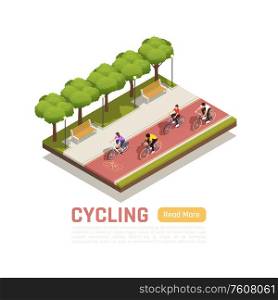 Cycling isometric composition with people riding bicycles on bike path in city park vector illustration