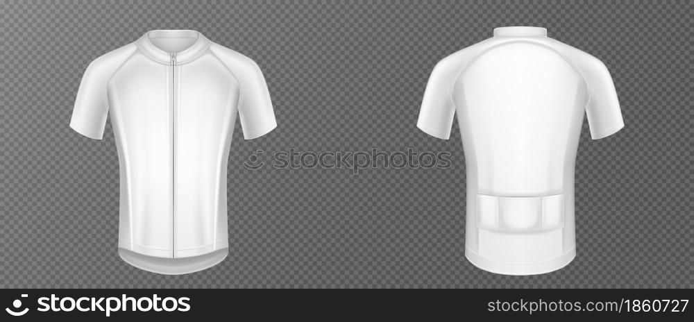 Cycling jersey, white bike t-shirt vector mockup, sports wear front and rear view. Sport clothes, shirt with short sleeves template isolated on transparent background, Realistic 3d illustration. Cycling jersey, white bike t-shirt vector mockup