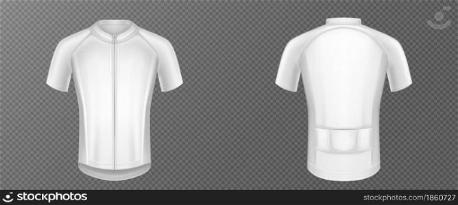 Cycling jersey, white bike t-shirt vector mockup, sports wear front and rear view. Sport clothes, shirt with short sleeves template isolated on transparent background, Realistic 3d illustration. Cycling jersey, white bike t-shirt vector mockup
