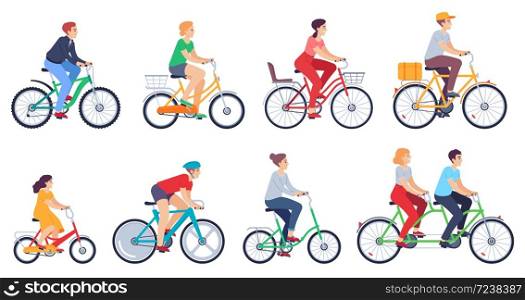 Cycling people. Women, men ride bikes sports outdoor activity, friends riding bicycles race on city street colored cartoon vector set. Characters leading healthy lifestyle, exercising actively. Cycling people. Women, men ride bikes sports outdoor activity, friends riding bicycles race on city street colored cartoon vector set