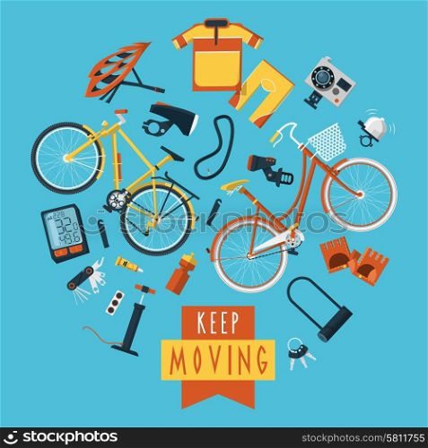 Cycling sportswear and accessories for active healthy lifestyle flat icons composition circle print poster abstract vector illustration. Cycling concept pictograms composition circle print