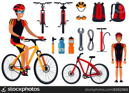 Cyclist and bicycle, tools set and icons of bottles, backpack and helmet with glasses, sport and leisure of man, vector illustration isolated on white. Cyclist and Bicycle Tools Set Vector Illustration