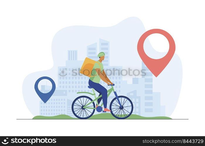 Cyclist delivering food to customers in city. Pin, route, town flat vector illustration. Transportation and delivery service concept for banner, website design or landing web page