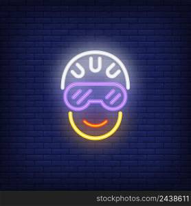 Cyclist head in helmet and glasses neon sign. Bicycling, fitness and sport concept. Advertisement design. Night bright colorful billboard, light banner. Vector illustration in neon style.