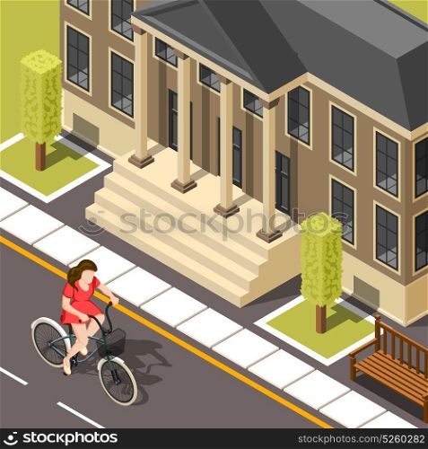Cyclist Isometric Background. Cyclist isometric background with young girl riding bicycle within city past house with columns vector illustration