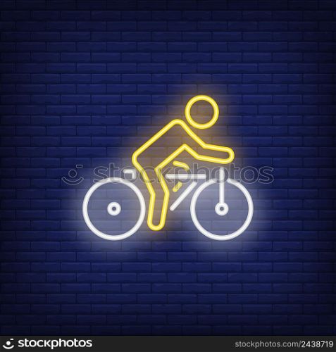 Cyclist riding bicycle neon sign. Bicycling, fitness and sport concept. Advertisement design. Night bright colorful billboard, light banner. Vector illustration in neon style.