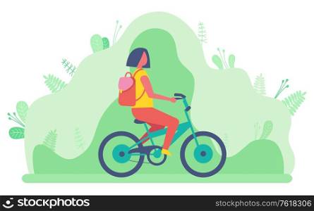 Cyclist riding bike in park vector, hobby of woman cycling. Nature leaf and foliage, character student with bag on back, rucksack on persons shoulder. Cycling Woman with Backpack on Back Springtime
