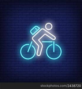 Cyclist riding bike neon sign. Bicycling, fitness and sport concept. Advertisement design. Night bright colorful billboard, light banner. Vector illustration in neon style.