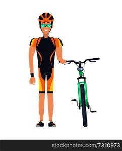 Cyclist standing by bicycle, man with helmet and glasses of green color, sport and activities, happiness and smile, isolated on vector illustration. Cyclist Standing by Bicycle Vector Illustration