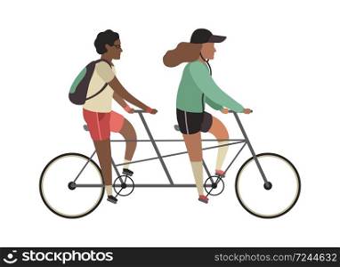 Cyclists concept. Happy people ride tandem bike. Outdoor activities in park, couple healthy lifestyle, man and woman riding twin bicycle. Flat vector cartoon isolated illustration. Cyclists concept. People ride tandem bike. Outdoor activities in park, couple healthy lifestyle, man and woman riding twin bicycle . Flat vector cartoon illustration