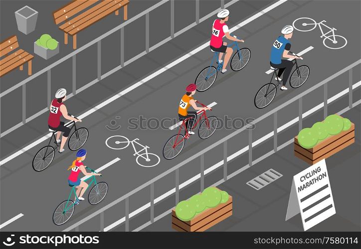 Cyclists participating in city bicycle marathon 3d isometric vector illustration