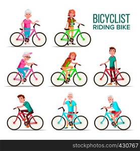 Cyclists Riding Bicycles Vector Cartoon Characters Set. Grandmother, Grandfather, Teenagers Cyclists. Healthy Lifestyle Isolated Cliparts. Senior, Young People Outdoor Activities Flat Illustration. Cyclists Riding Bicycles Vector Cartoon Characters Set