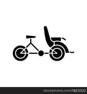 Cyclo taxi black glyph icon. Three-wheel bicycle for passenger transportation. Tourist attraction. Carrying bike along city roads. Silhouette symbol on white space. Vector isolated illustration. Cyclo taxi black glyph icon