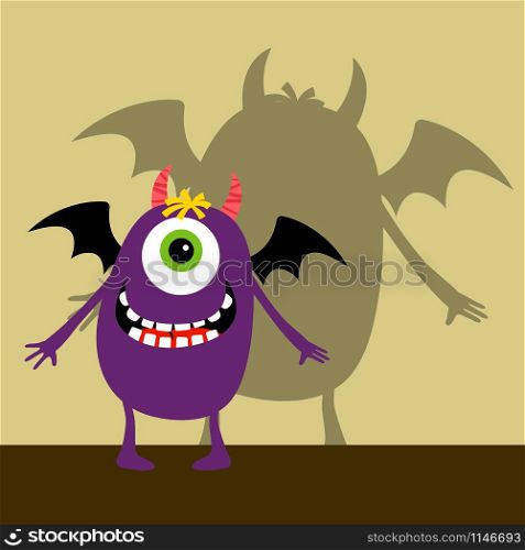 Cyclops violet happy monster with shadow vector illustration. Cyclops violet happy monster