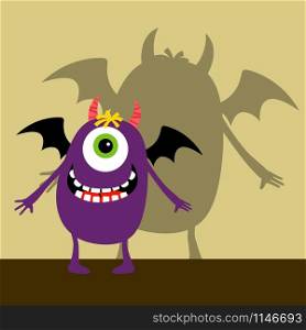 Cyclops violet happy monster with shadow vector illustration. Cyclops violet happy monster