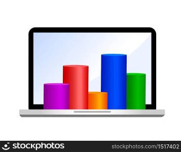 Cylinder chart graph with laptop. business diagram as a concept of process of business development. Illustration isolated on white background.
