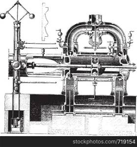 Cylinder Cup Corliss machine and views of the cam controller, vintage engraved illustration. Industrial encyclopedia E.-O. Lami - 1875.