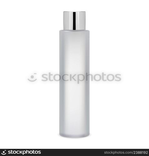 Cylinder lotion bottle, vector container blank. Face skin toner package with metal lid. Shower gel glass tube, realistic object. Hair shampoo or oil bottle design, stainless lid element. Cylinder lotion bottle, skin toner container blank