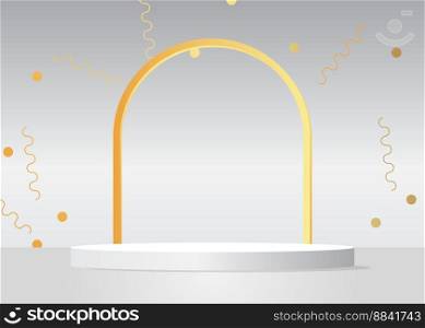 Cylinder pedestal podium with gold. Abstract Mockup product display. Realistic vector 3D room. Stage showcase for product display presentation. Futuristic Sci-fi minimal geometric forms, empty scene.