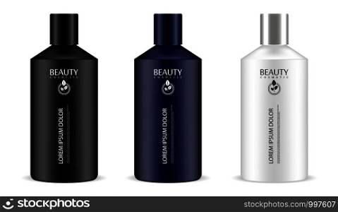 Cylindrical cosmetic bottles in one set. Cosmetics jar packaging mockup for shampoo,shower gel, lotion, hair mask, liquid soap. Black, white and dark blue containers illustration.. Cylindrical cosmetic bottle set. Cosmetic jar