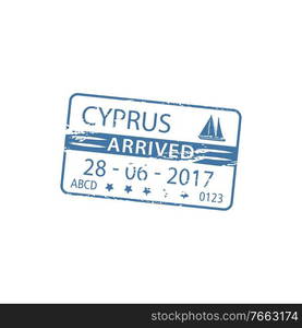 Cyprus arrived visa st&in passport isolated. Vector port harbor nautical border control, ship sign. Harbor visa st&isolated arrived to Cyprus sign