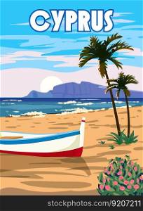 Cyprus Poster Travel, Greek seascape, beach, palms, boat, poster, Mediterranean landscape. Vintage style vector illustration. Cyprus Poster Travel, Greek seascape, beach, palms, boat, poster, Mediterranean landscape. Vintage style