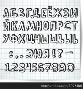 Cyrillic alphabet decorative font on a background of checkered sheet of paper in the style of the sketch